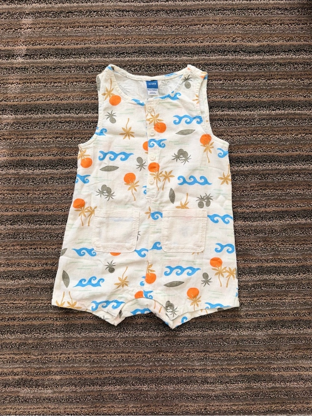 Old Navy Linen Blend Romper with Blue and Orange Tropical Print
